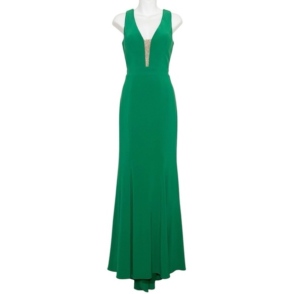 Xscape emerald green sleeveless full maxi length dress size 8 illusion neckline - Picture 2 of 11